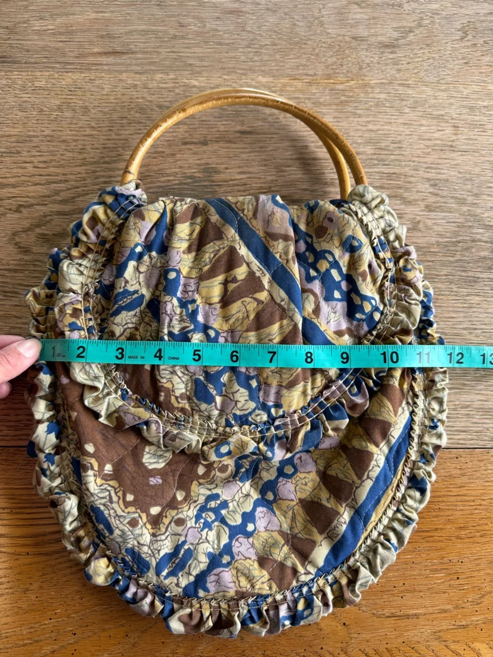 Handmade Vntg Quilted Ruffle Handbag Bamboo Ring Handles Boho Cottagecore Purse